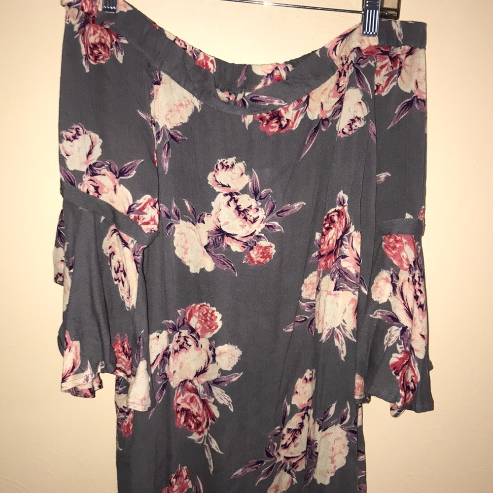 Gray Floral Off the Shoulder Dress